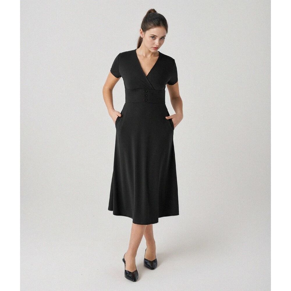 Halara Black Classic Professional Midi Dress V Neck Button Detail Pockets XS NWT